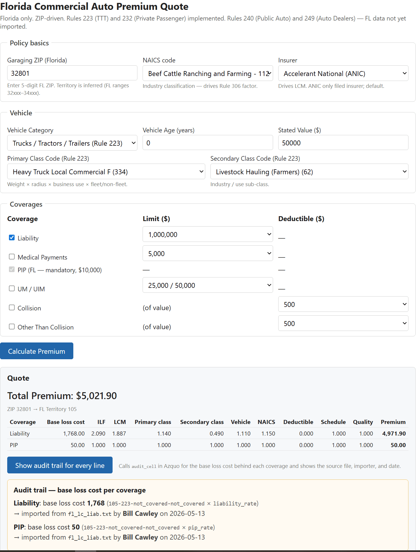 Azquo audit trail — every value back to source Florida commercial auto quote with audit trail — every value in the rating chain traced to its source file, importer, and date