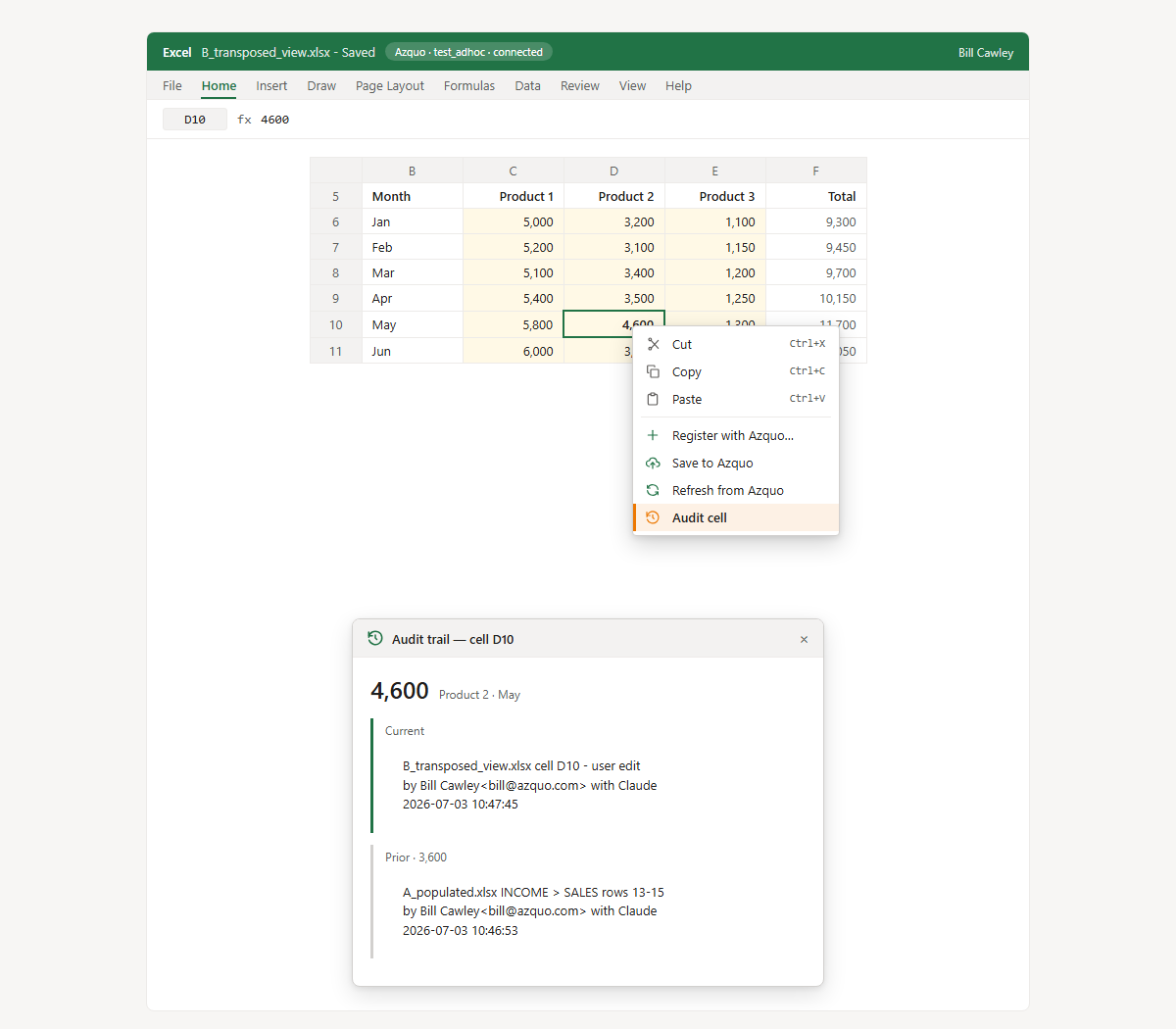Excel right-click menu showing four Azquo commands (Register, Save, Refresh, Audit cell) with Audit cell highlighted, plus an Audit trail dialog for cell D10
